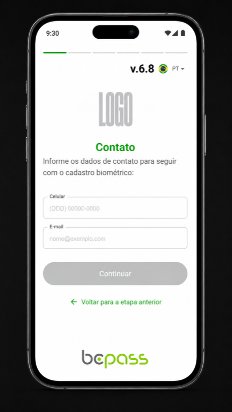 Tela de cadastro digital no app Bepass